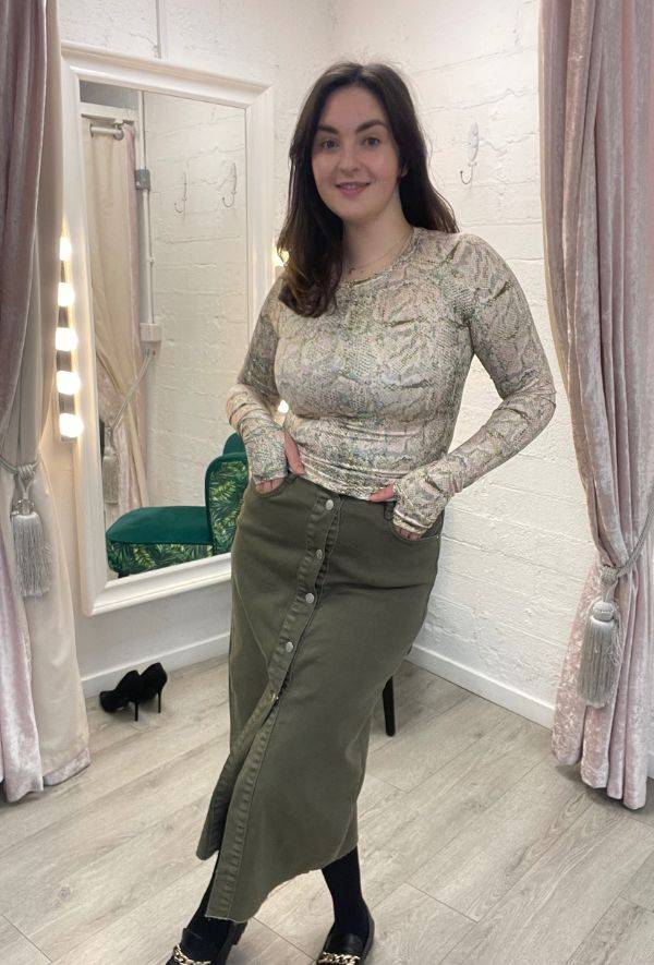 Sira Khaki Denim Skirt White Feather Boutique