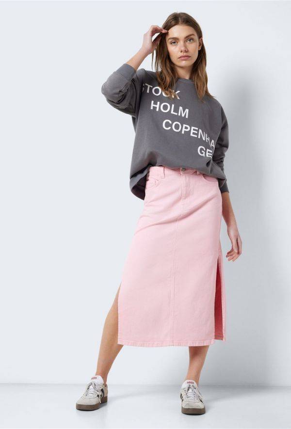 Kath Pink Denim Midi Skirt White Feather Boutique